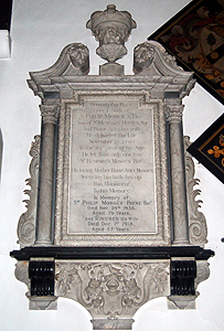 Monument of Sir Philip Monoux 3rd Baronet on the south wall of the chancel June 2012